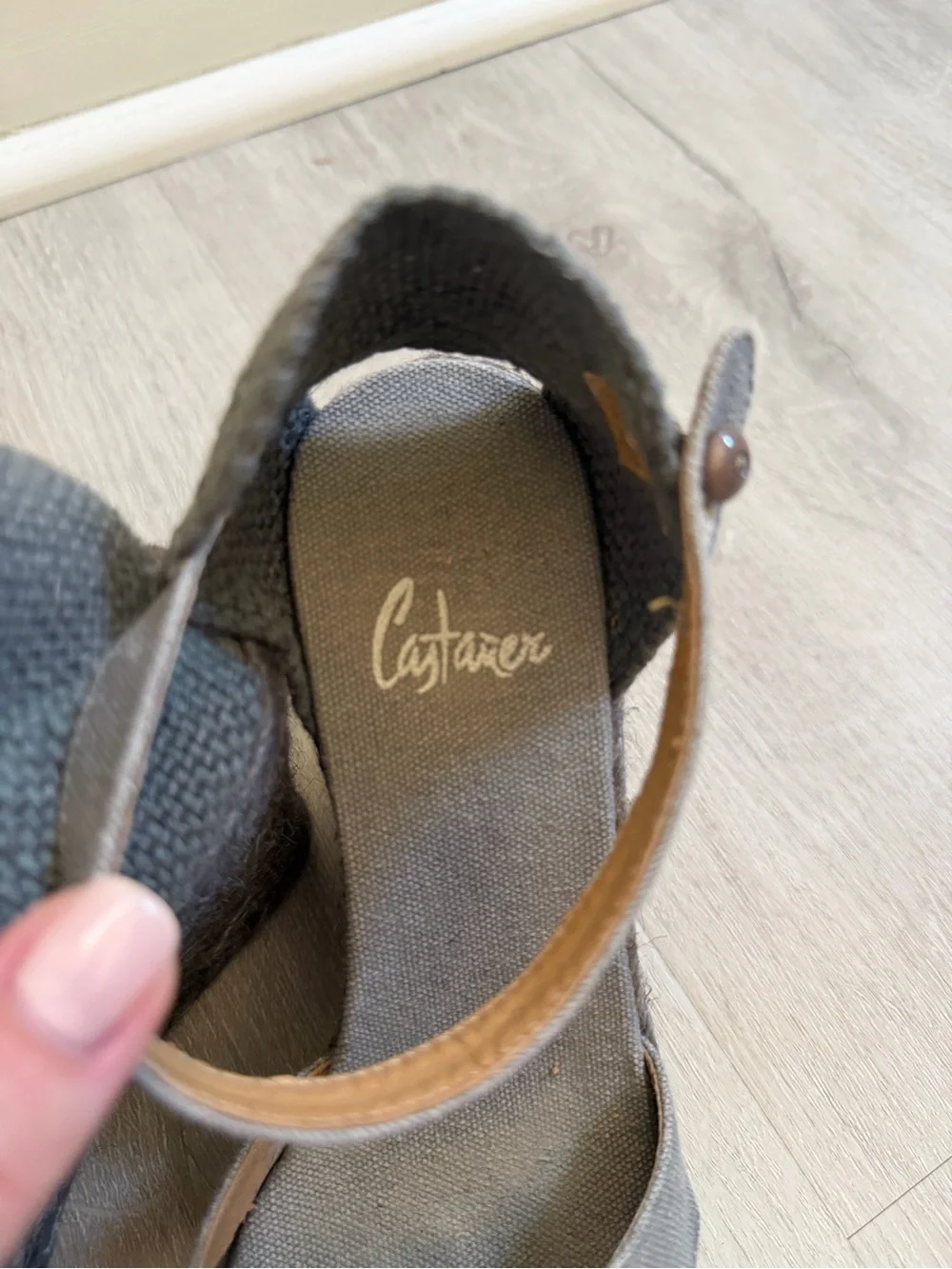 Castaner Gray Cross-Strap Wedge Sandals with Ankle Buckle